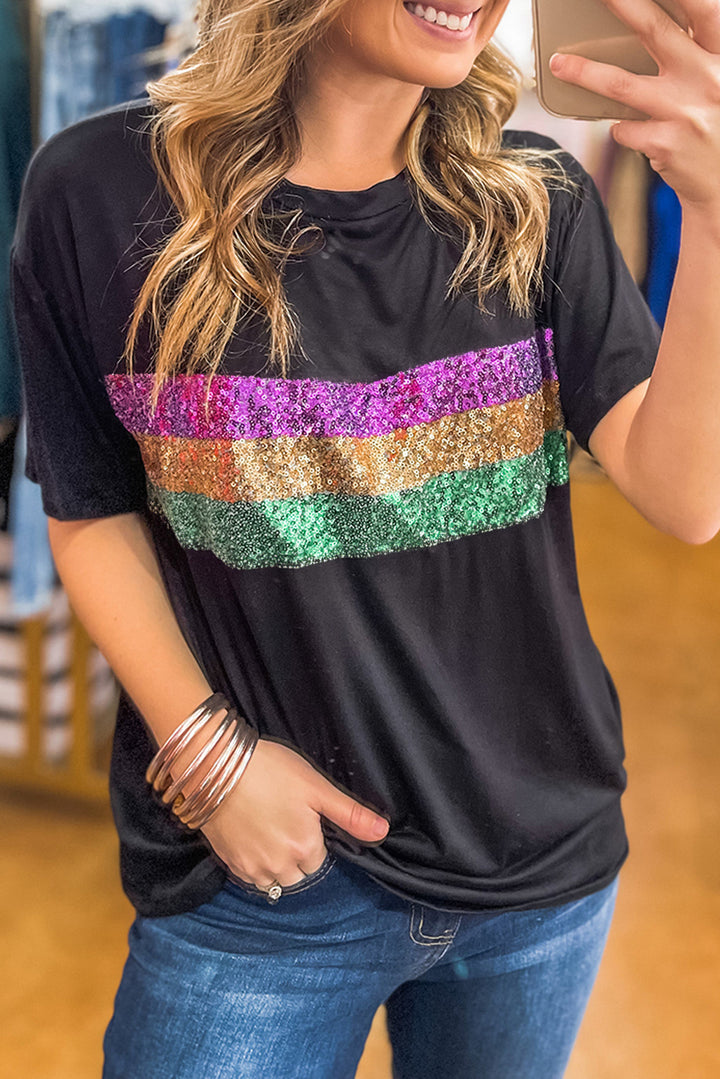 Black Colorblock Sequin Mardi Gras Crewneck T Shirt