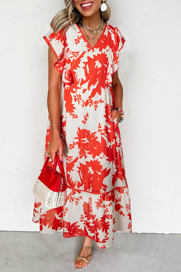Red Floral Print Trimmed V Neck Ruffle Sleeve Long Dress - Lulubelles Clothing and Accessories