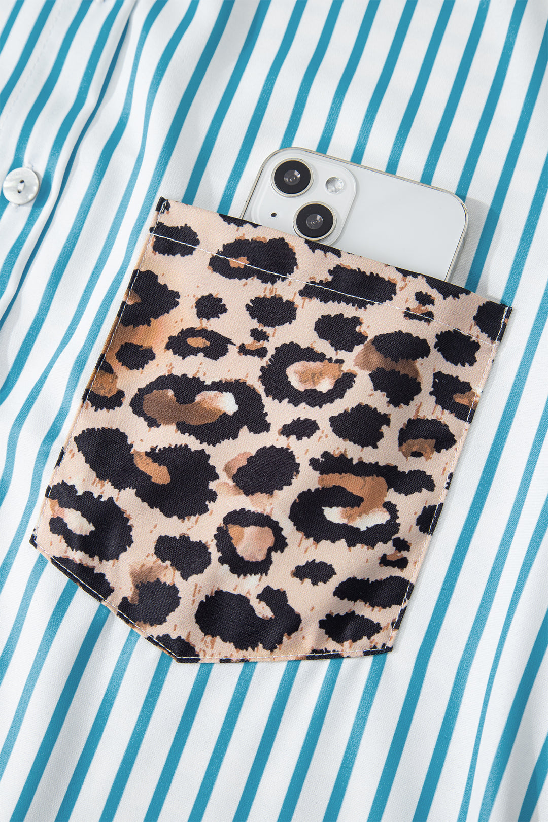 Sky Blue Stripe Contrast Leopard Patchwork Long Shirt Dress with Slits - Lulubelles Clothing and Accessories