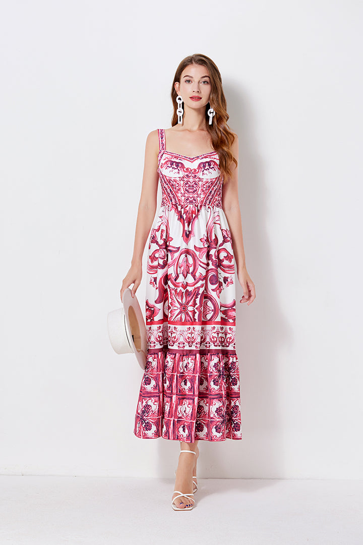 Women Print Position Halter Slim Waistline A Line Dress