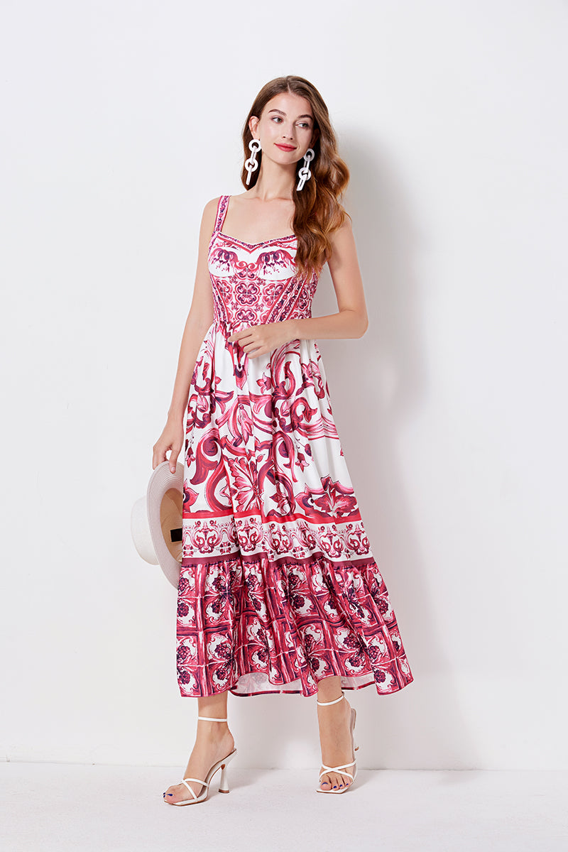 Women Print Position Halter Slim Waistline A Line Dress