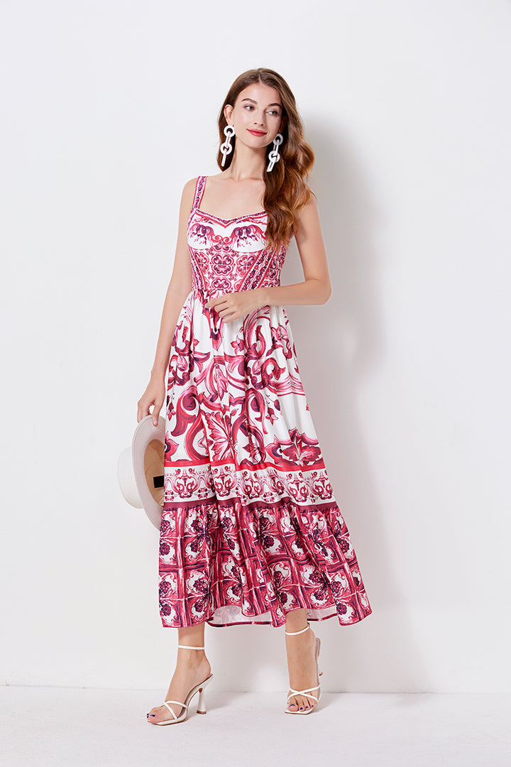 Women Print Position Halter Slim Waistline A Line Dress