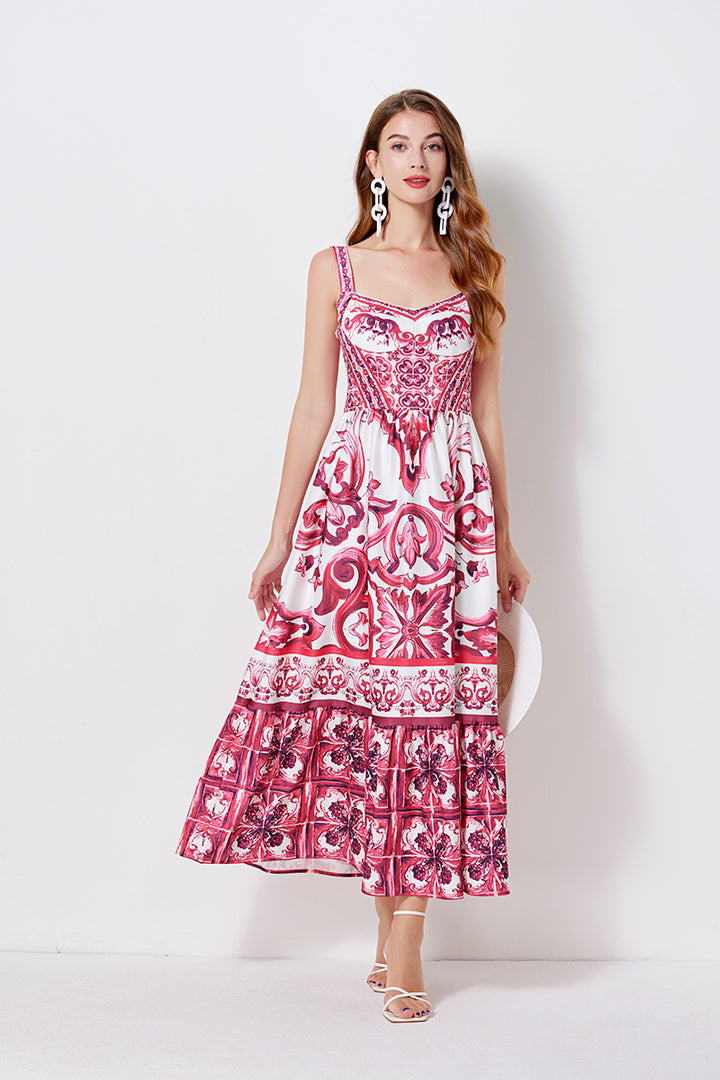 Women Print Position Halter Slim Waistline A Line Dress