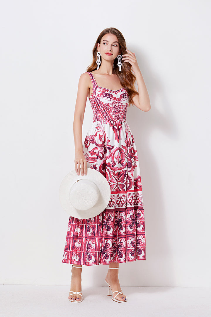 Women Print Position Halter Slim Waistline A Line Dress