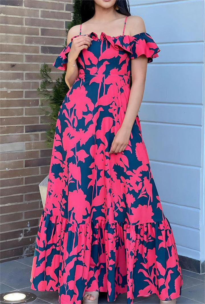 Sexy Backless off-Neck High Waist Print Maxi Dress Cami Dress