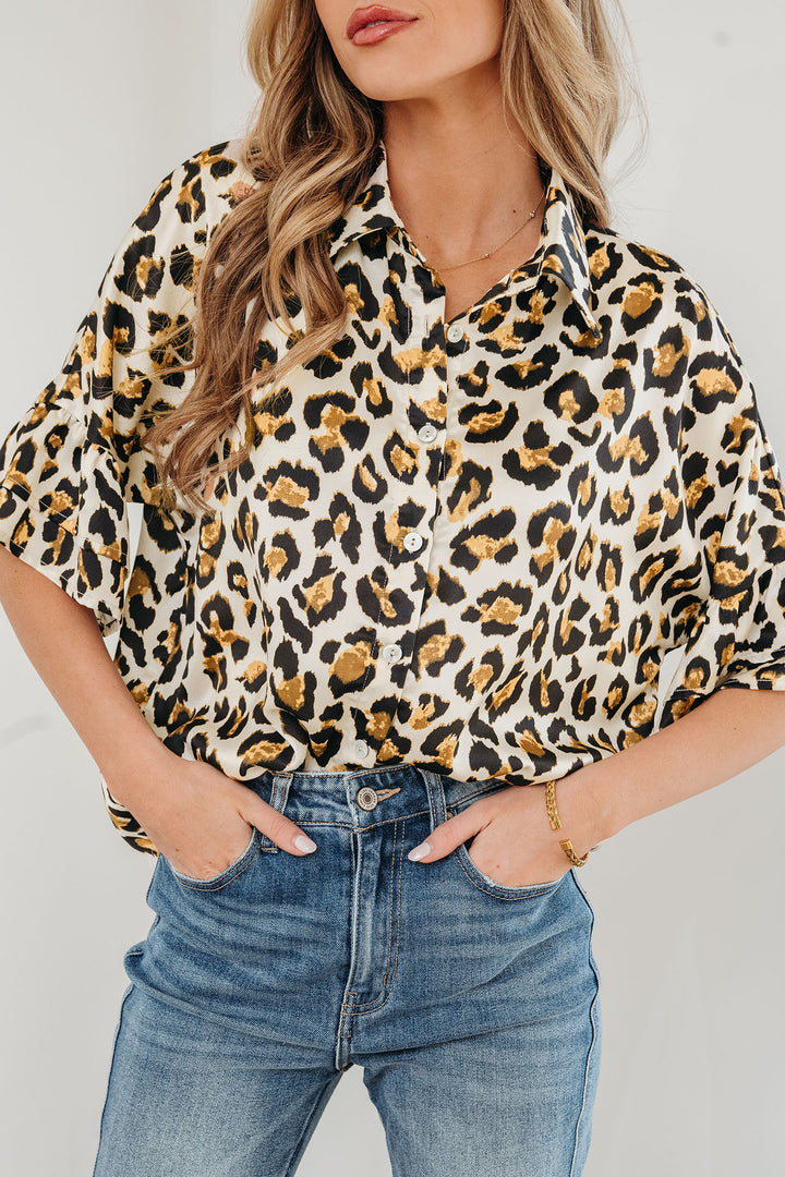 Khaki Leopard Print Ruffle Trim 3/4 Sleeve Loose Shirt - Lulubelles Clothing and Accessories