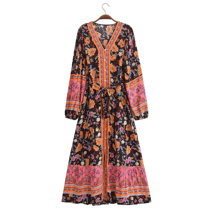 Women Clothing Vintage Rayon Printed Lace Up Loose Bohemian Dress