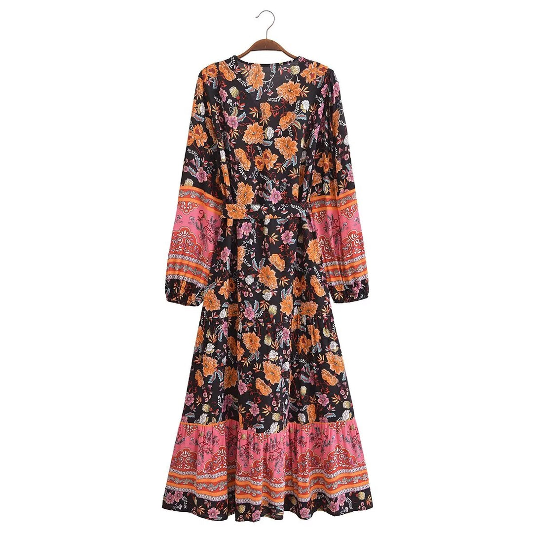 Women Clothing Vintage Rayon Printed Lace Up Loose Bohemian Dress