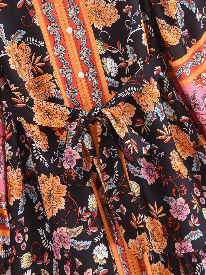 Women Clothing Vintage Rayon Printed Lace Up Loose Bohemian Dress