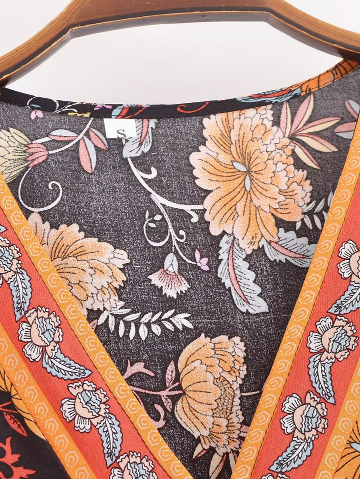 Women Clothing Vintage Rayon Printed Lace Up Loose Bohemian Dress