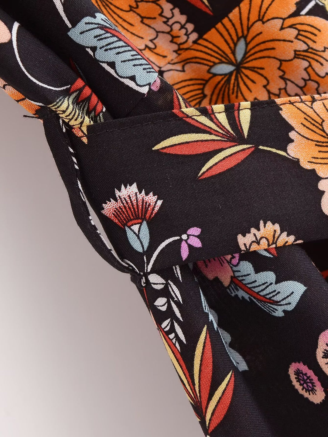 Women Clothing Vintage Rayon Printed Lace Up Loose Bohemian Dress