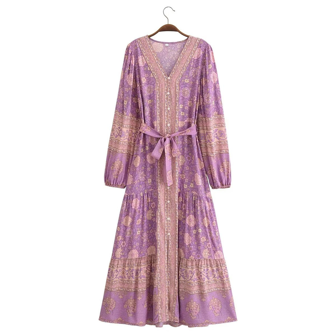 Women Clothing Vintage Rayon Printed Lace Up Loose Bohemian Dress