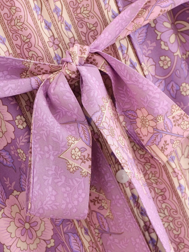 Women Clothing Vintage Rayon Printed Lace Up Loose Bohemian Dress