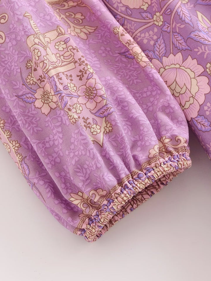 Women Clothing Vintage Rayon Printed Lace Up Loose Bohemian Dress