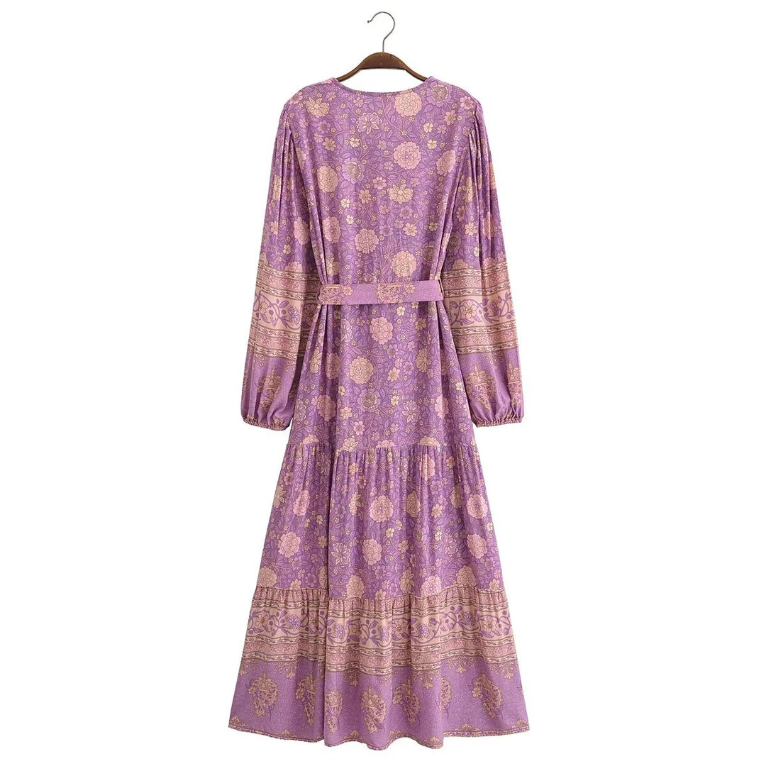 Women Clothing Vintage Rayon Printed Lace Up Loose Bohemian Dress