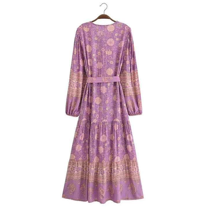Women Clothing Vintage Rayon Printed Lace Up Loose Bohemian Dress