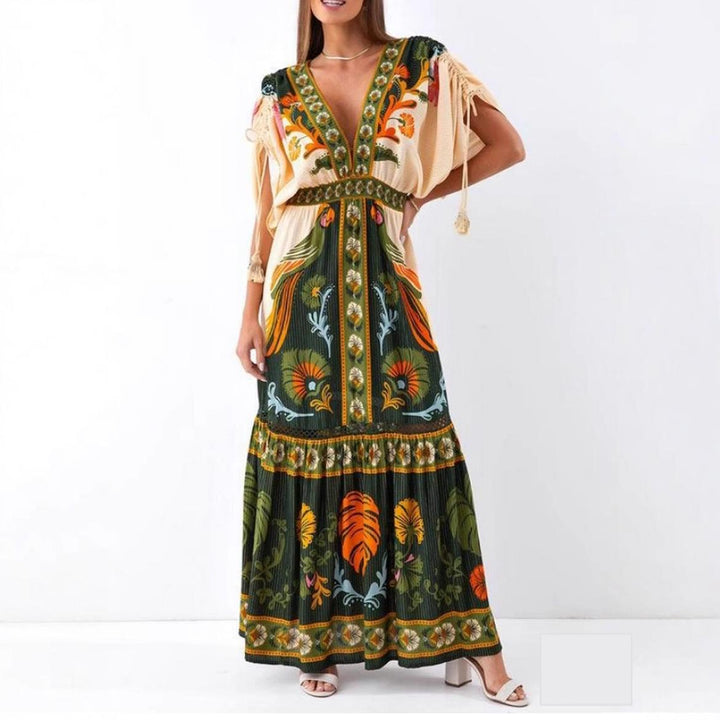 Summer V neck Retro Ethnic Positioning Printing Linen Dress Women