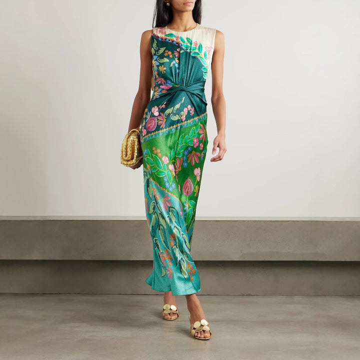 Summer Casual Sleeveless Positioning Printing Satin Twist Dress Women