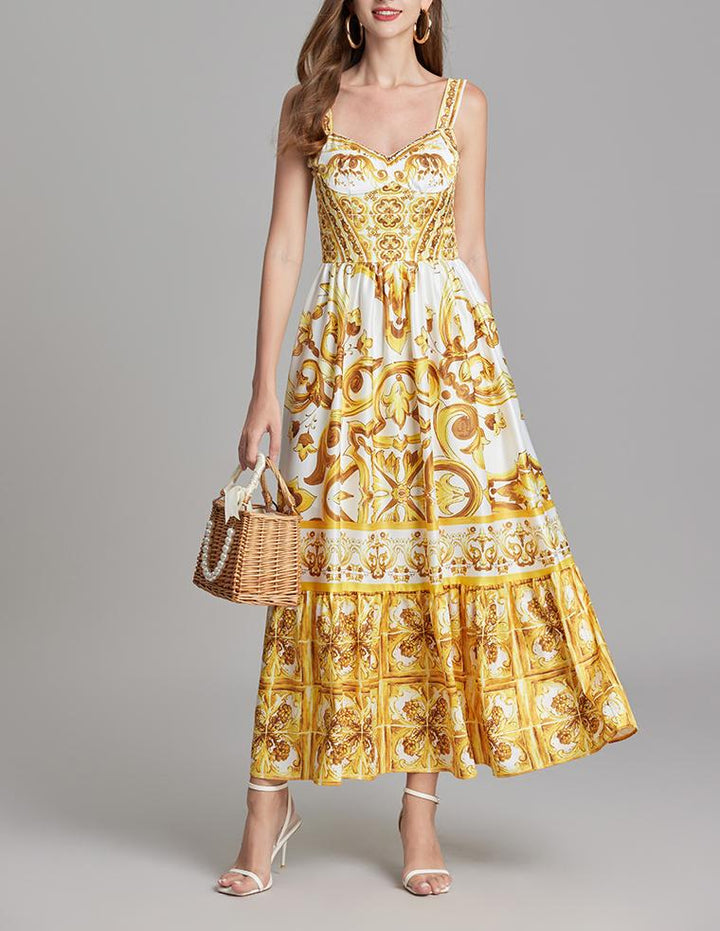 Women Printed Halter Neck Fitted Dress With Elastic Back A Line Dress