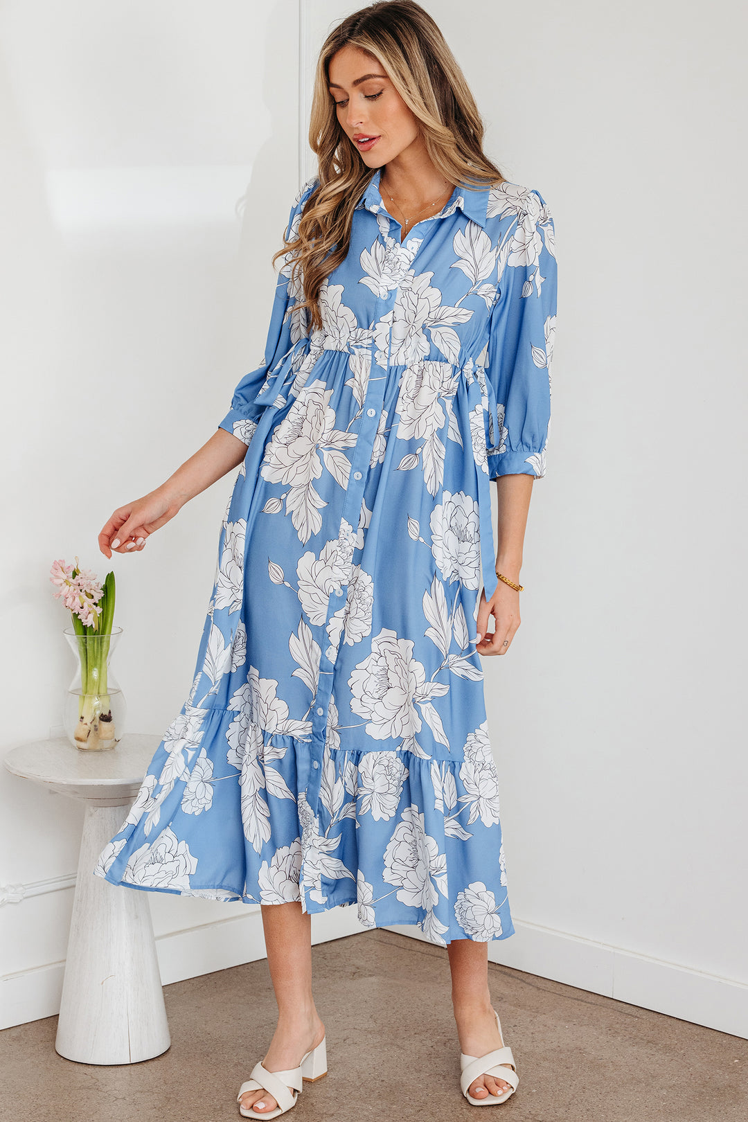 Sky Blue Floral Print Shirt Collar Button Down 3/4 Sleeve Ruffle Hem Long Dress - Lulubelles Clothing and Accessories