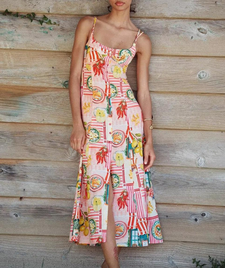 Women Clothing Early Spring Floral Print Splicing Sling Maxi Dress