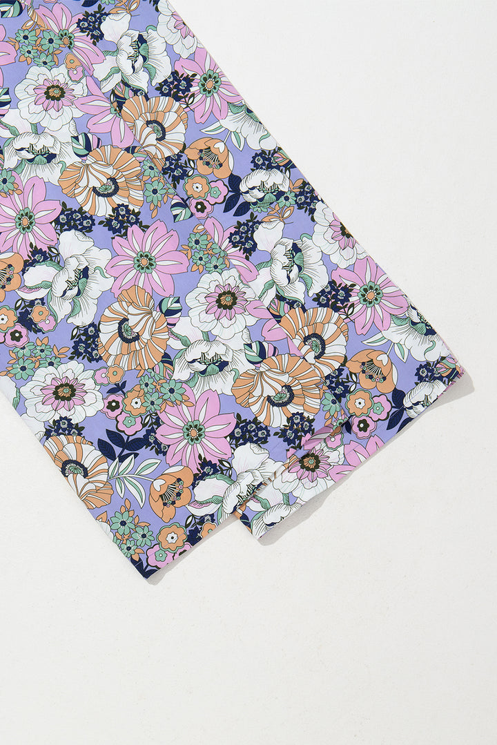Purple Floral Print Smocked High Waist Square Neck Jumpsuit - Lulubelles Clothing and Accessories