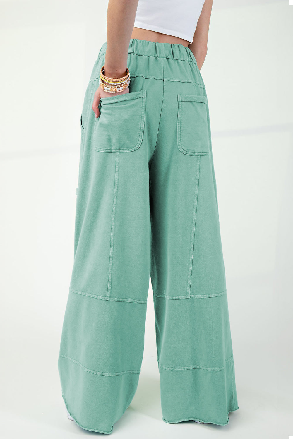 Mint Green Mineral Wash Exposed Seam Wide Leg Cargo Pants - Lulubelles Clothing and Accessories