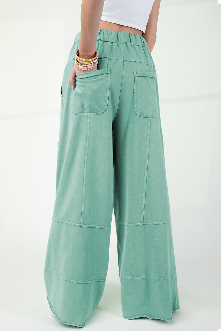 Mint Green Mineral Wash Exposed Seam Wide Leg Cargo Pants - Lulubelles Clothing and Accessories