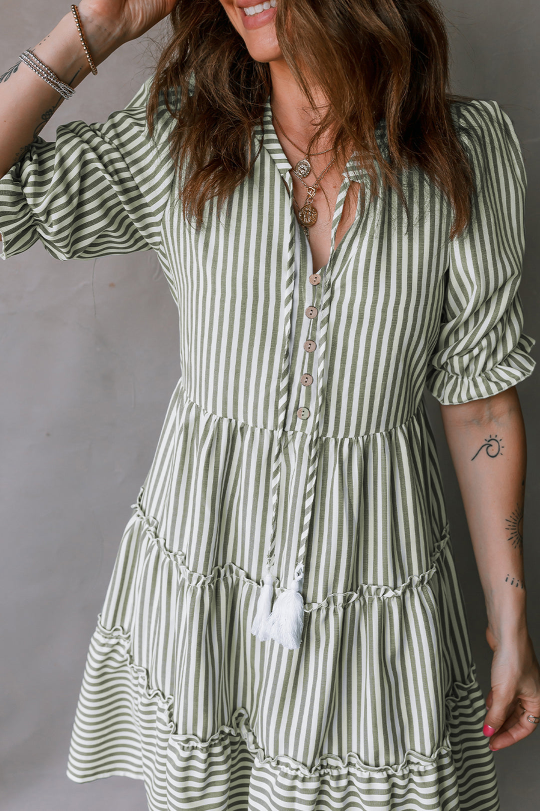 Green Stripe Tasseled Tie Neck Ruffled Short Sleeve Tiered Flattering Dress - Lulubelles Clothing and Accessories