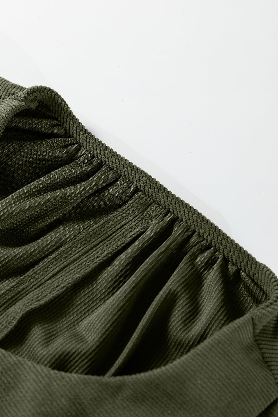 Moss Green Bracelet Sleeve Split Neck Scallop Detail Pleated Corduroy Mini Dress - Lulubelles Clothing and Accessories