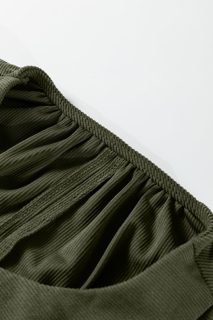 Moss Green Bracelet Sleeve Split Neck Scallop Detail Pleated Corduroy Mini Dress - Lulubelles Clothing and Accessories