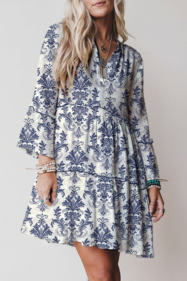 Sky Blue Boho Floral Print Lettuce Trim 3/4 Sleeve Mini Dress - Lulubelles Clothing and Accessories