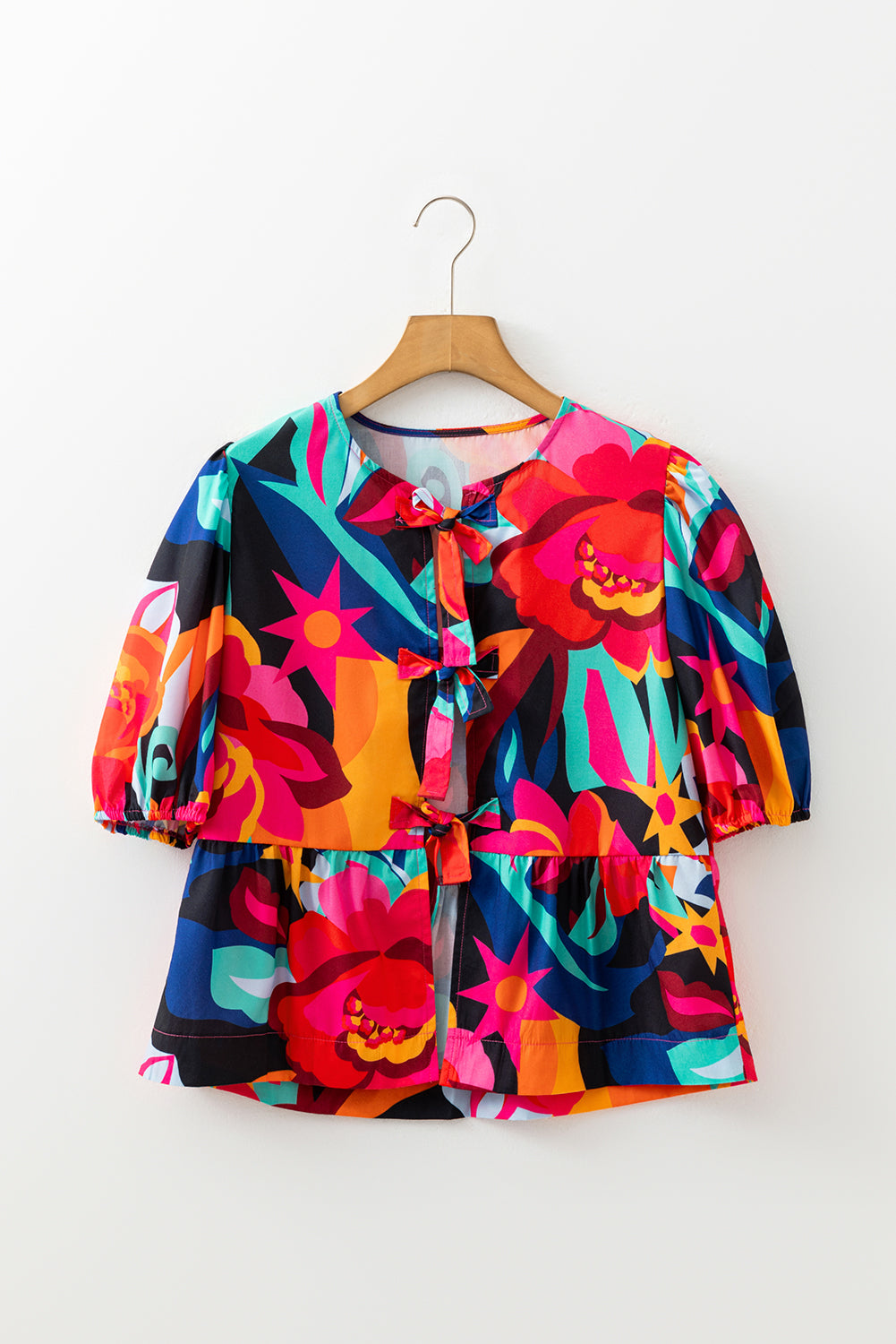 Red Abstract Print Tie Front Puff Sleeve Babydoll Blouse