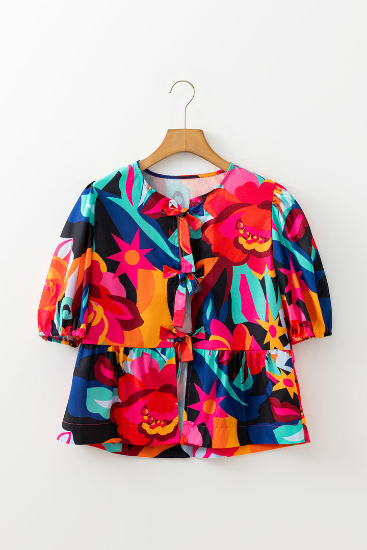 Red Abstract Print Tie Front Puff Sleeve Babydoll Blouse
