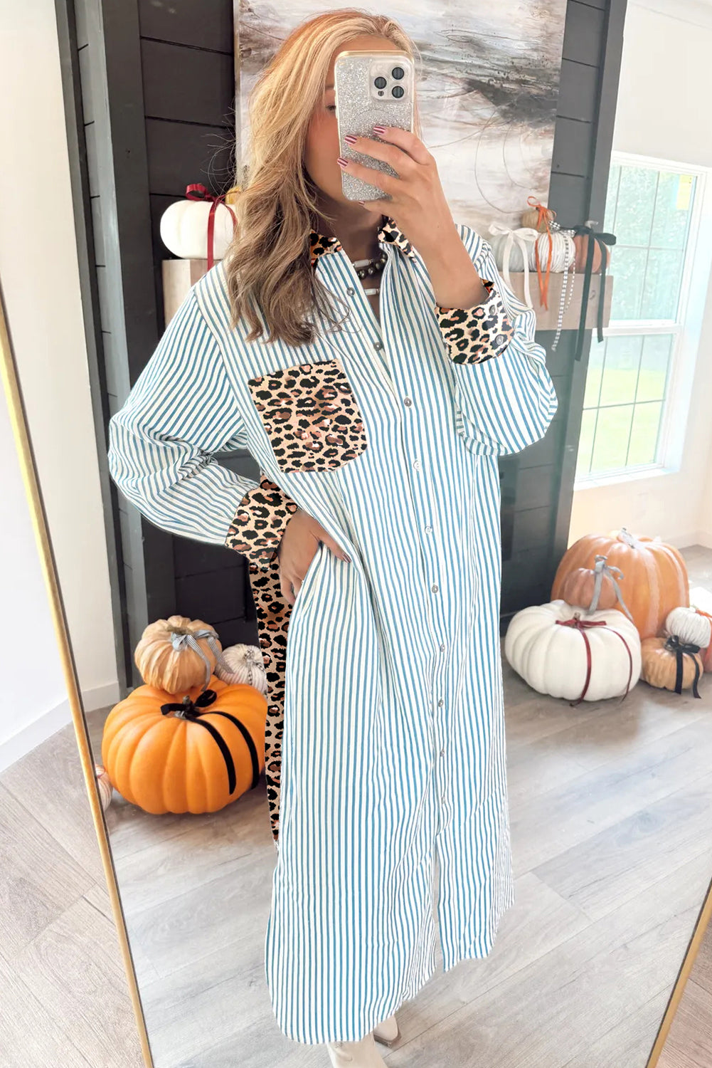 Sky Blue Stripe Contrast Leopard Patchwork Long Shirt Dress with Slits - Lulubelles Clothing and Accessories