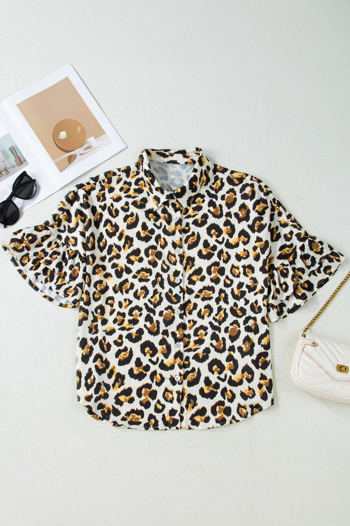 Khaki Leopard Print Ruffle Trim 3/4 Sleeve Loose Shirt - Lulubelles Clothing and Accessories