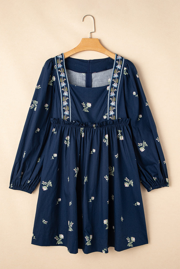 Blue Floral Print Puff Sleeve Babydoll Dress