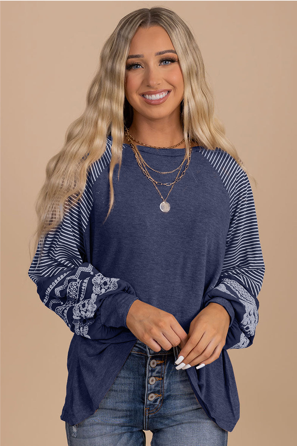 Navy Blue Contrast Print Striped Raglan Long Sleeve Loose Top