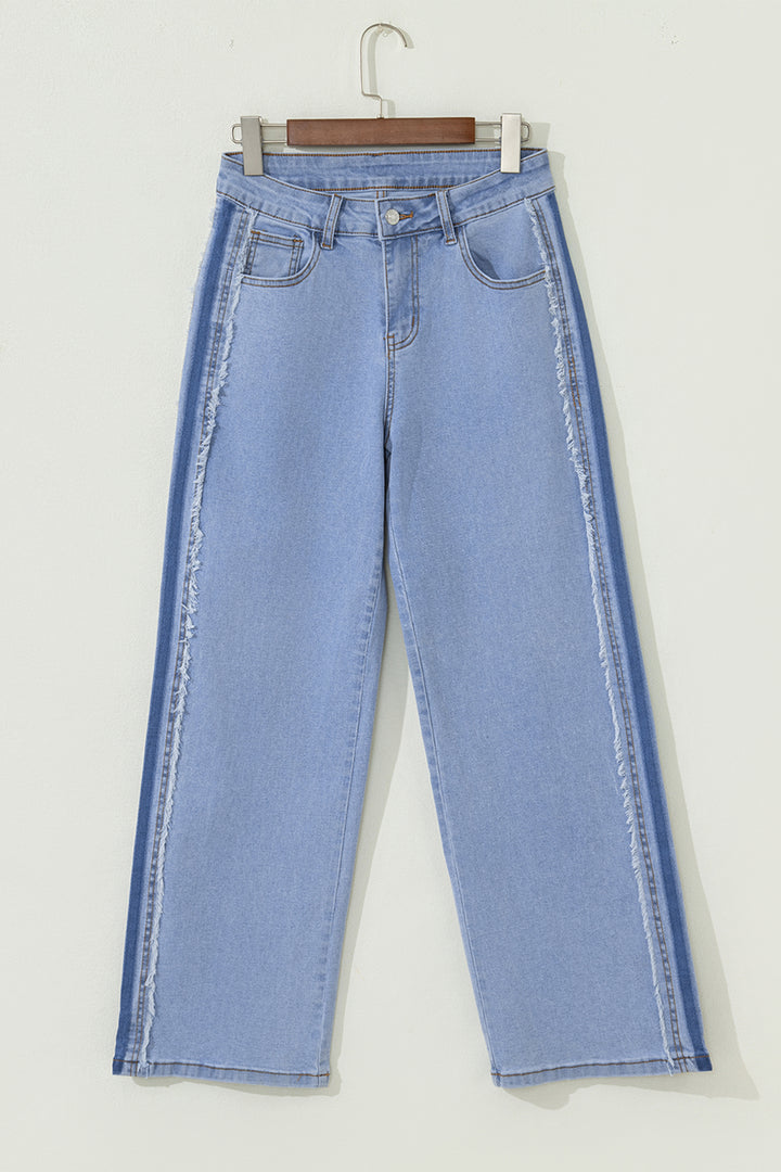 Beau Blue Contrast Stripe Frayed Side Panel Patchwork Shift Jeans - Lulubelles Clothing and Accessories