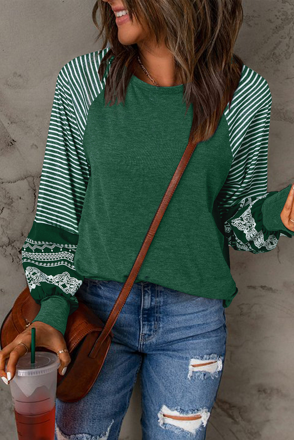 Navy Blue Contrast Print Striped Raglan Long Sleeve Loose Top