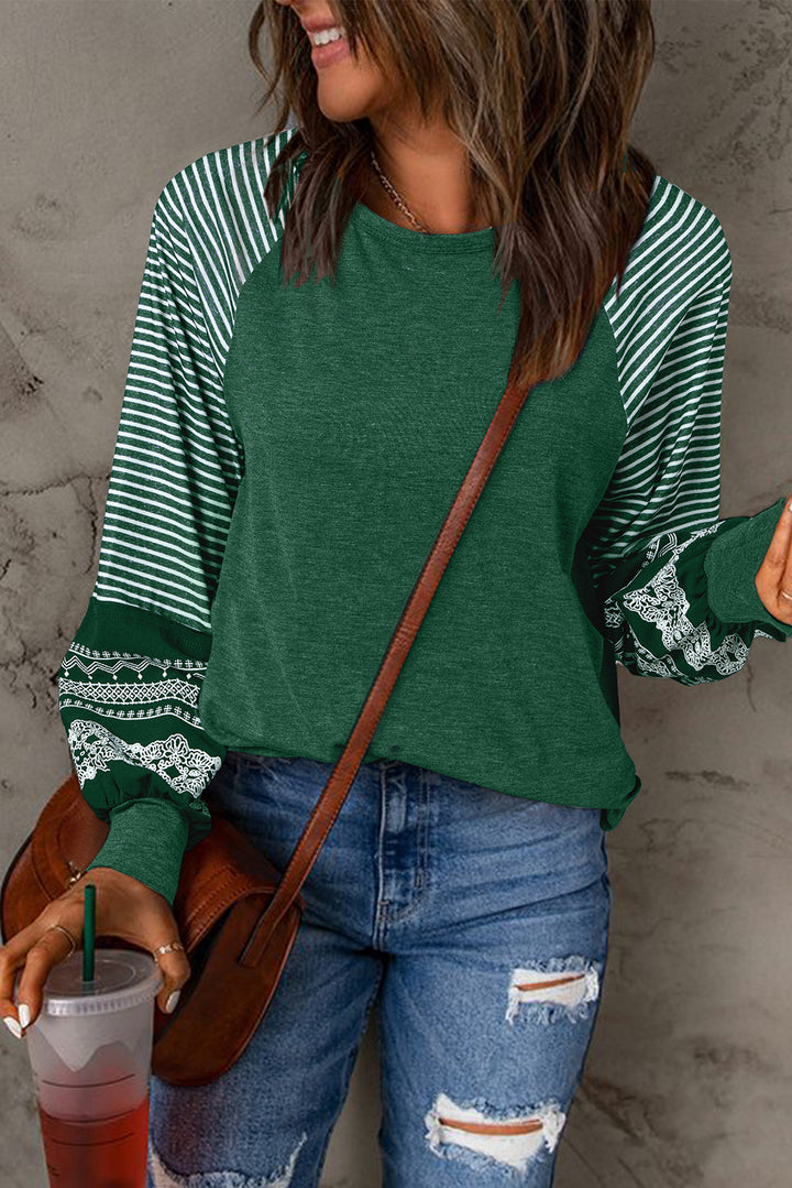 Navy Blue Contrast Print Striped Raglan Long Sleeve Loose Top