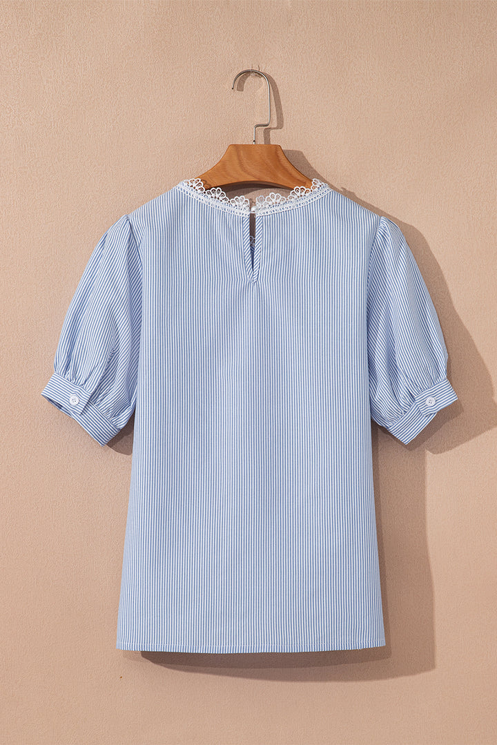 Sky Blue Striped Lace Floral Applique Puff Sleeve Blouse