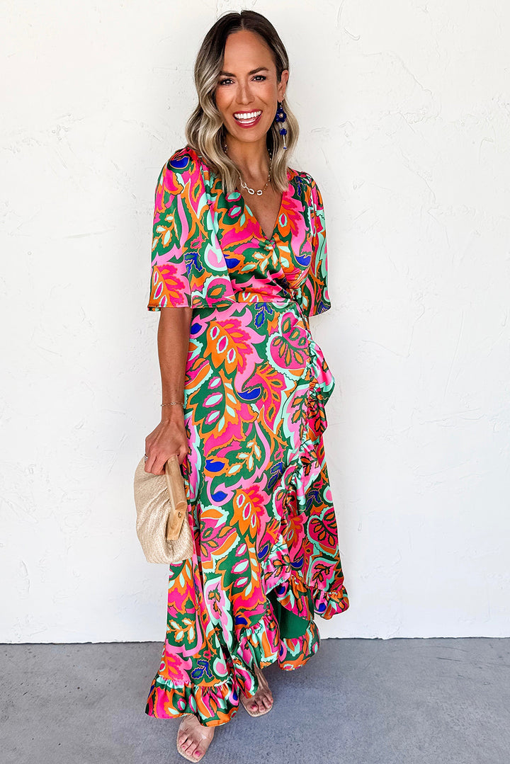 Rose Summer Plant Print Surpliced V Neck Ruffled Asymmetric Slit Wide Short Sleeve Maxi Dress - Lulubelles Clothing and Accessories