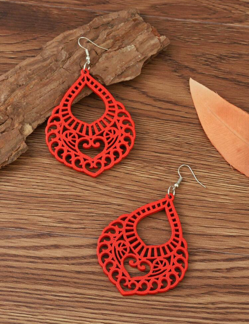 Red Oval Timber Earrings