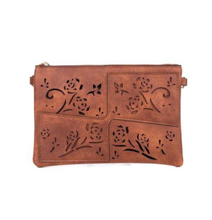 Caramel Engraved horizontal clutch shoulder Bag with strap