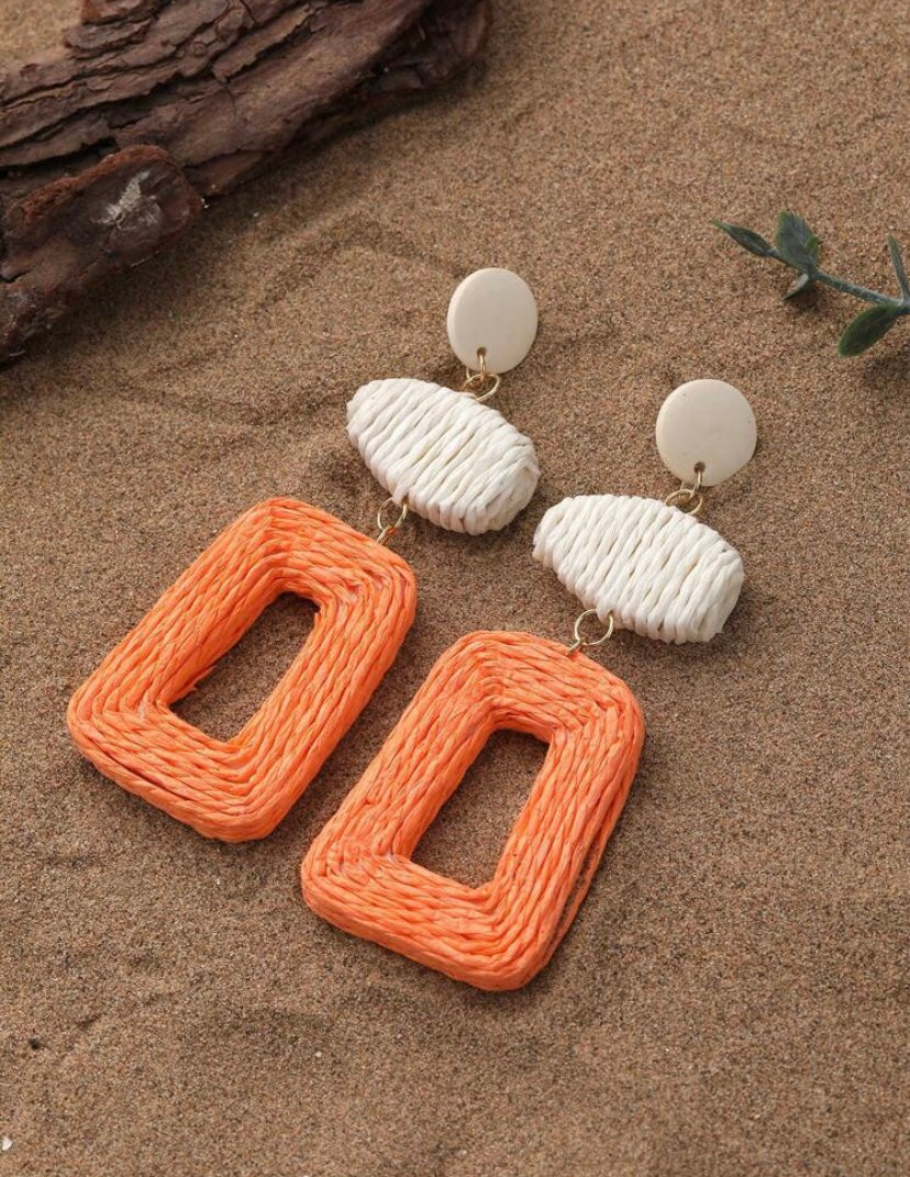 Orange Square Rattan Earrings