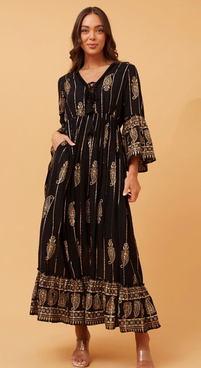 Alia Long Black and Gold Maxi Dress