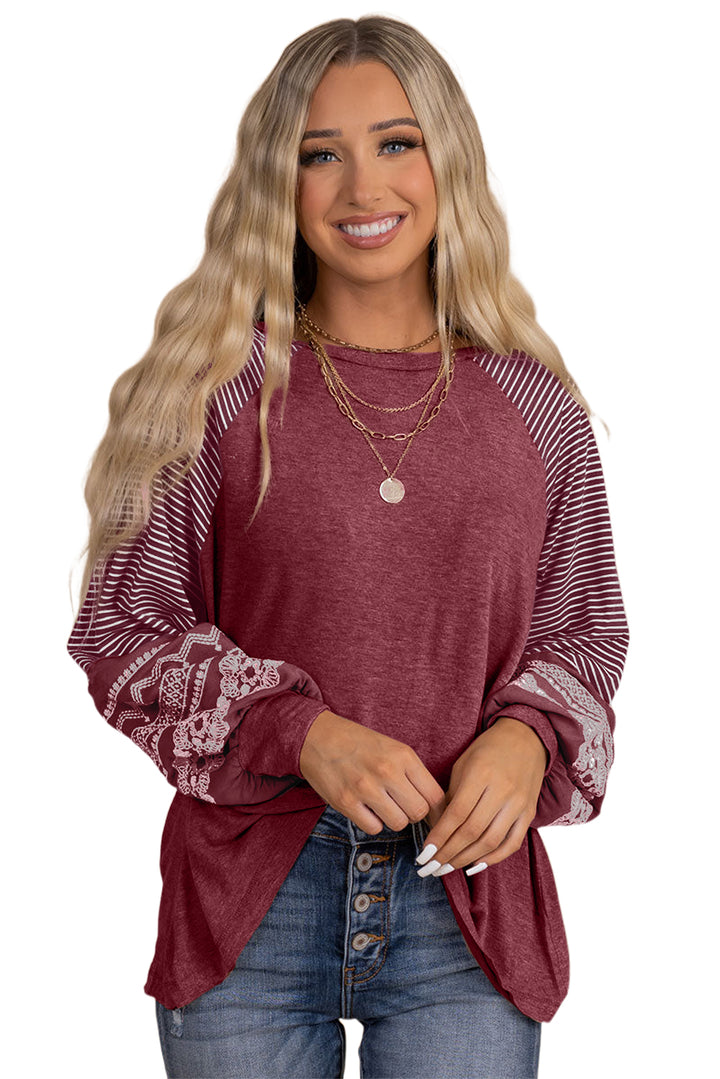 Navy Blue Contrast Print Striped Raglan Long Sleeve Loose Top