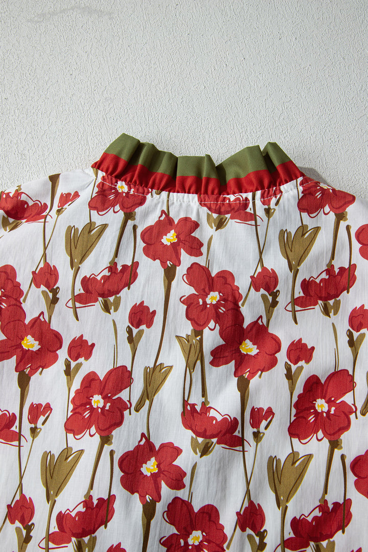 Red Floral Print Contrast Trim V Neck Double Ruffled Short Sleeve Blouse - Lulubelles Clothing and Accessories