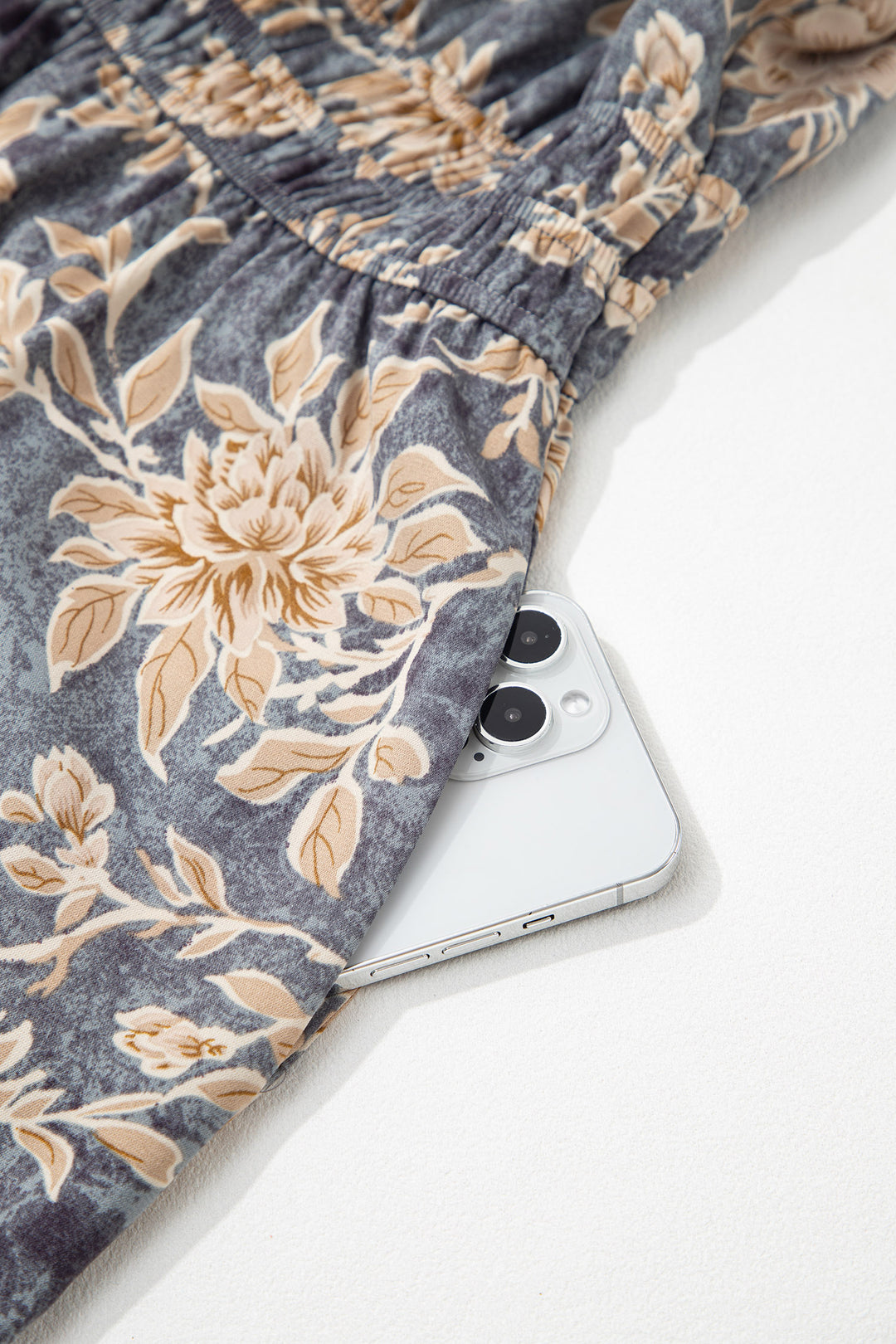 Sky Blue Floral Print Smocked High Waist Long Sleeve Maxi Dress